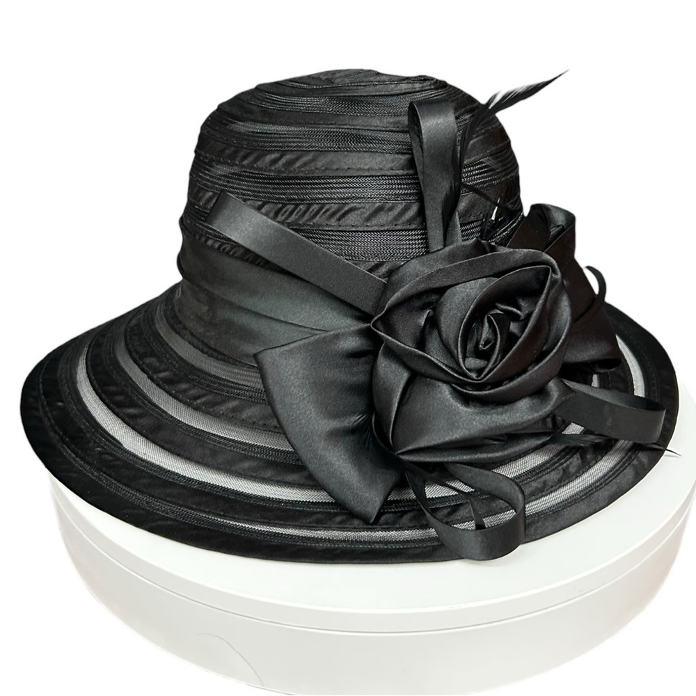 Black Ribbon Dress Hat Wide Brim Floral Bow Church Derby Tea Party Hat - Picture 7 of 10
